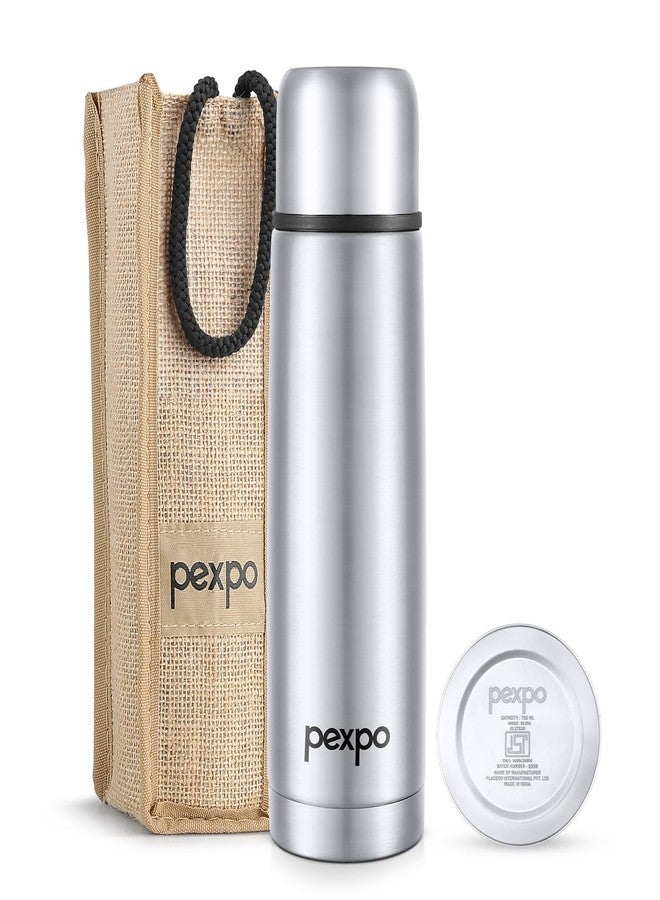 Pexpo Flexo 500ml Stainless Steel Water Bottle | Tri-Ply Vacuum Insulated Hot & Cold Steel Flask with Jute Bag | Travel Water Bottle | ISI Certified | Leakproof | for Office & Trekking - Silver - Image 1